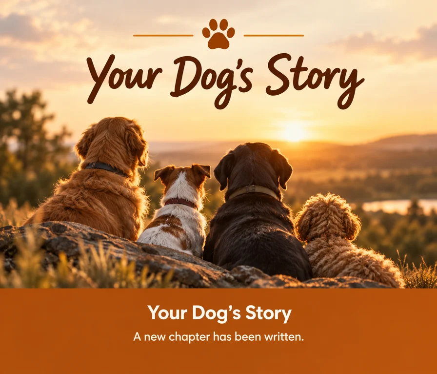 Four dogs sitting together and looking toward a sunset beneath the title Your Dog's Story